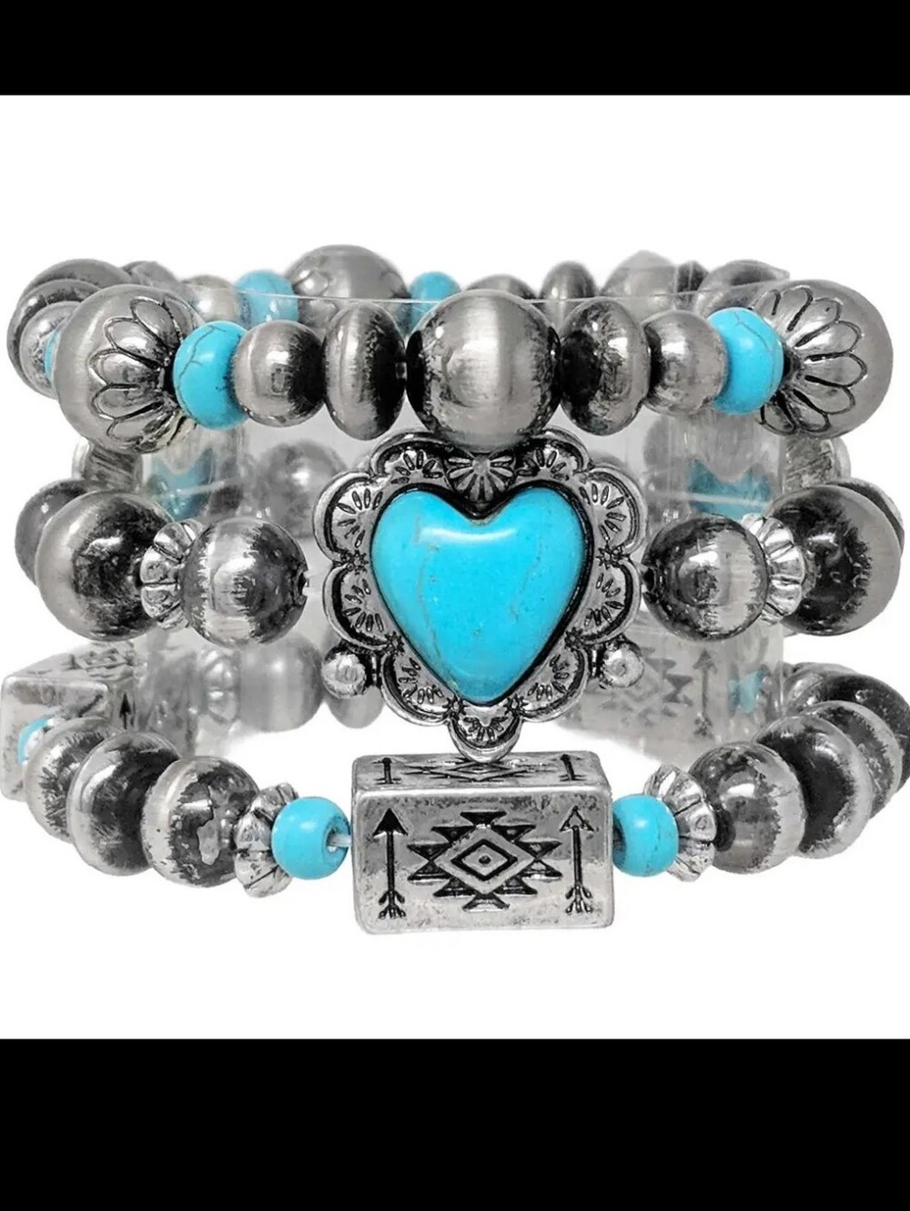 #1702 Lunar Deer Aztec Heart Stone Navajo Beads Three Piece Bracelet Set